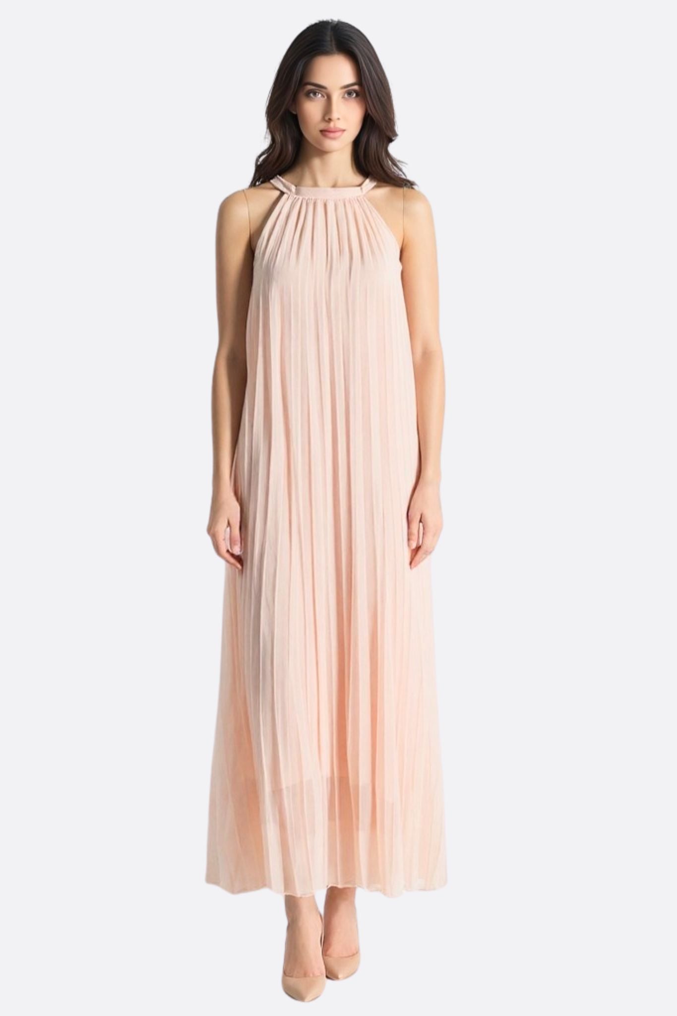 Women’s Blush Pink Pleated Chiffon Maxi Dress